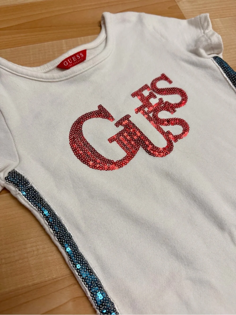 Guess Girls Sequin Logo Tee Dress Size 4 White Sparkle Side Stripe